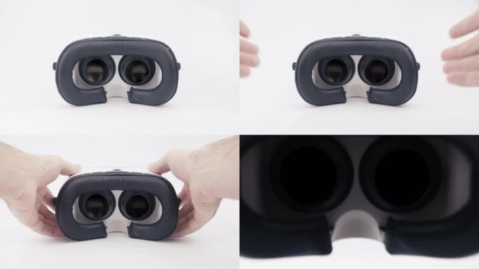 虚拟现实面具。特写。戴上带有alpha通道的VR头盔的POV镜头