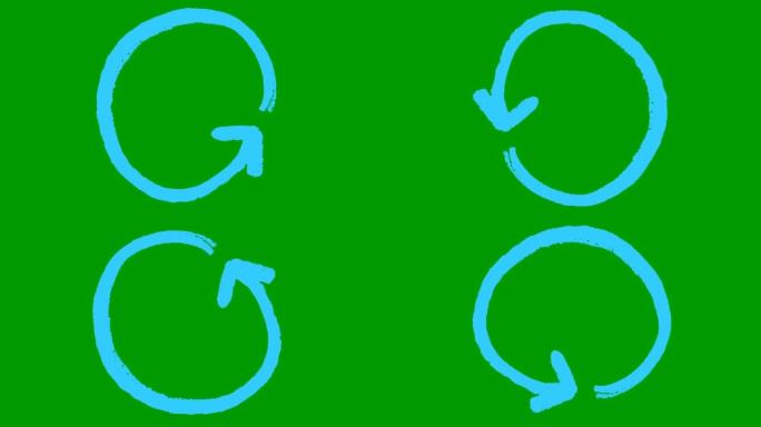 圆圈箭头的动画图标。蓝色符号旋转。循环视频。手绘矢量插图孤立在绿色背景上。