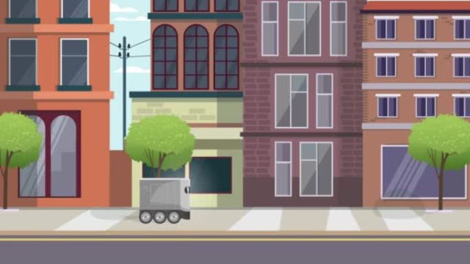 自动送货机器人骑在街上。智能传感未来技术概念。2D平面动画。