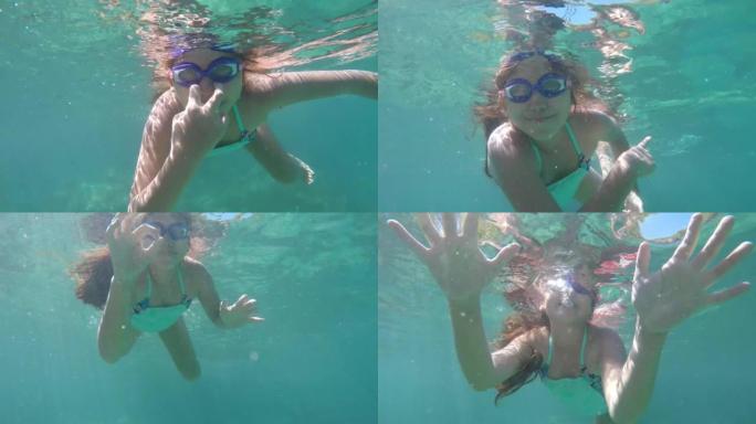 一个拉丁美丽的少女潜水、浮潜、游泳和漂浮时放松的高角度视角照片，在拉丁美洲厄瓜多尔加拉帕戈斯岛康沙德
