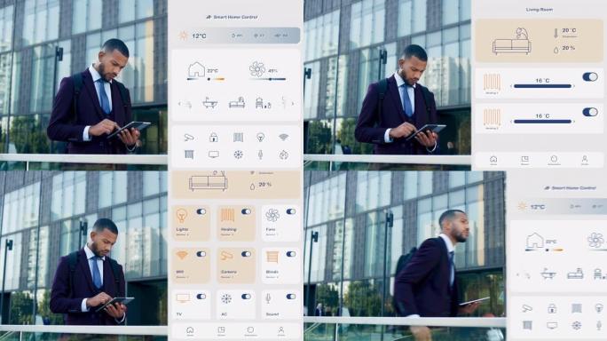DS年轻的男性企业家在商业大楼前的数字平板电脑上使用家庭控制应用程序，然后带着滑板走开