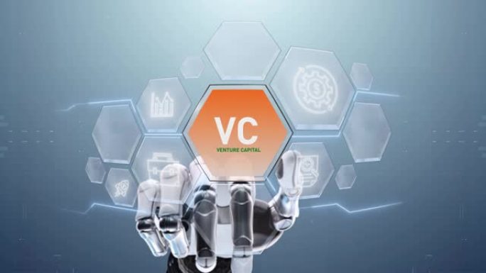 VC创投机器人手触摸，触摸未来，界面技术，用户体验的未来，旅程和技术概念，数字屏幕界面
