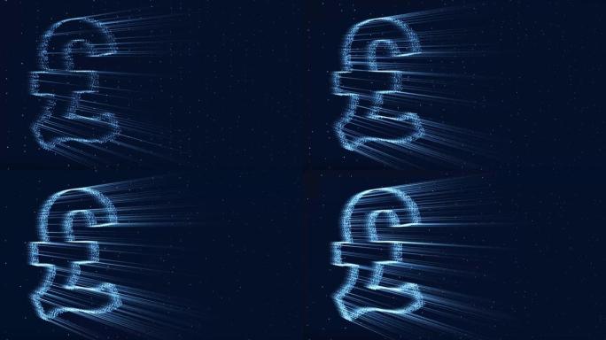 技术背景上的英镑货币符号，英国英镑符号，英镑，霓虹灯Led发光移动线，金融商业经济，4K。