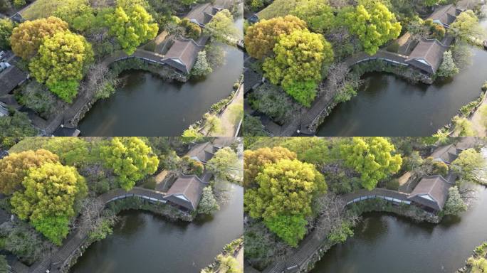 沧浪亭 航拍 落日 湖面 春日 氛围