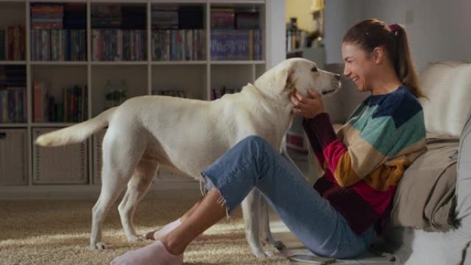 可爱的拉布拉多猎犬快乐地跑向她的主人，白天在客厅里舔她。年轻女子把智能手机放在宠物上，拥抱她深情的宠