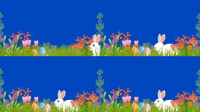 美丽的复活节动画与动画花和兔子与摆动的耳朵。