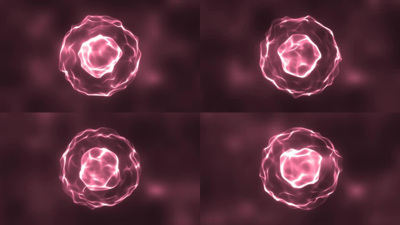 抽象红色能量圆球用粒子波发光高科技数字魔术抽象背景。视频4k，60 fps
