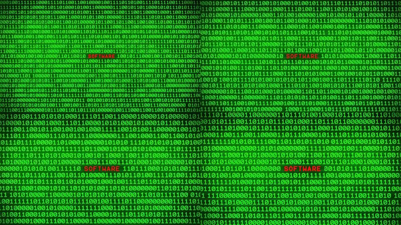 随机二进制数据矩阵背景之间的绿色二进制代码墙上的软件字显示