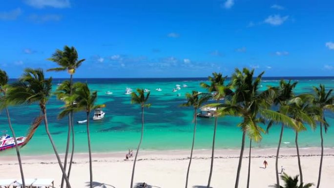 在公共巴瓦罗海滩上方的棕榈树之间进行空中飞行，并带有白色沙滩。加勒比海的碧绿水以及旅游游艇和船只。多