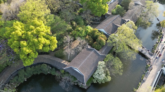 沧浪亭 航拍 落日 湖面 春日 氛围