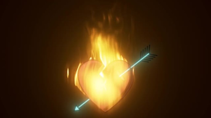 在黑暗的背景下，在丘比特的箭刺穿的火焰中燃烧着爱的心。视频4k，运动设计