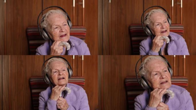 戴着耳机的老妇人听音乐，唱她最喜欢的歌。