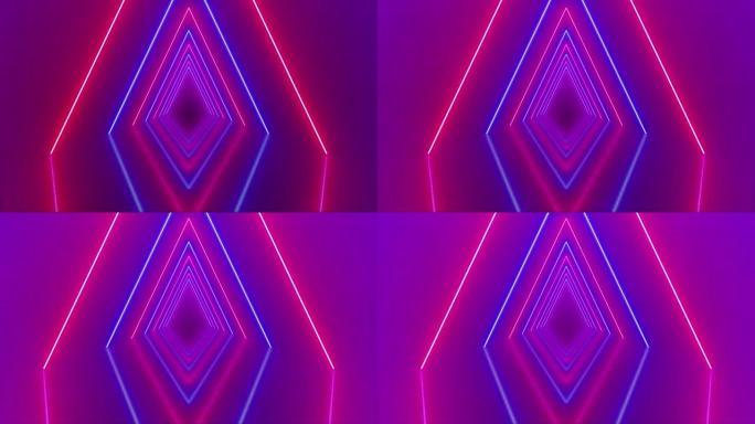 从三角形看氖激光隧道内部视图。穿过三角形隧道，出现发光的粉红色蓝色三角形阴影