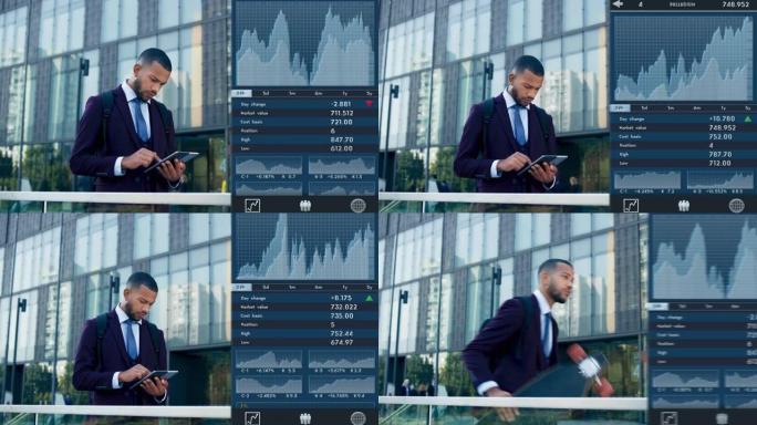 DS年轻的男性企业家在商业大楼前的数字平板电脑上使用交易应用程序，然后带着滑板走开