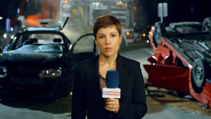 女新闻记者从夜间车祸现场直播报道