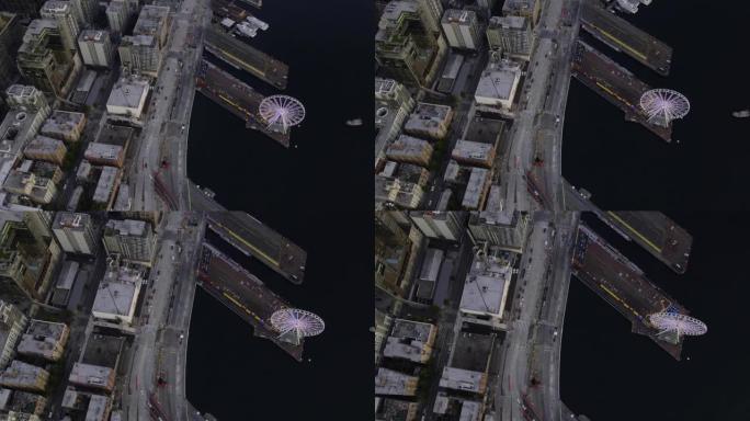 鸟瞰图俯瞰西雅图巨轮和城市海滨的阿拉斯加之路-倾斜，无人机拍摄