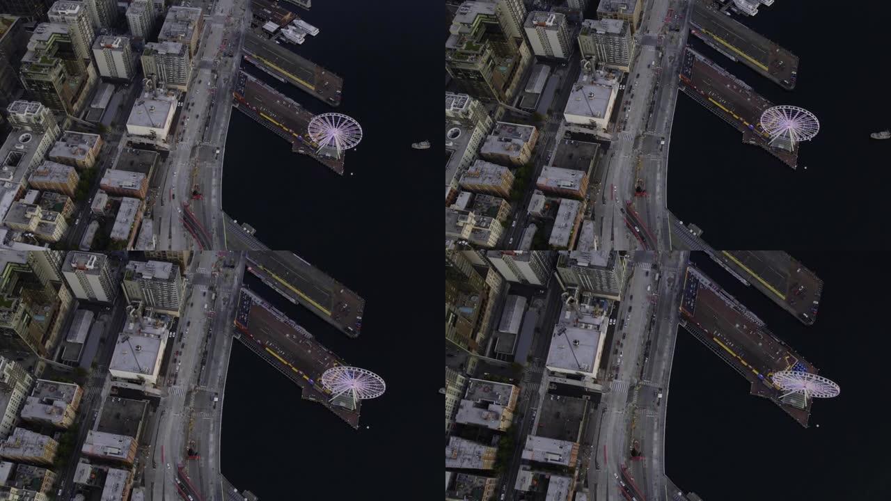 鸟瞰图俯瞰西雅图巨轮和城市海滨的阿拉斯加之路-倾斜，无人机拍摄