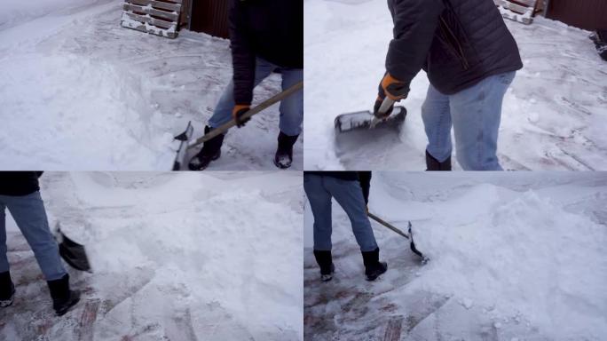 冬天，一个人在房子的院子里打扫雪。