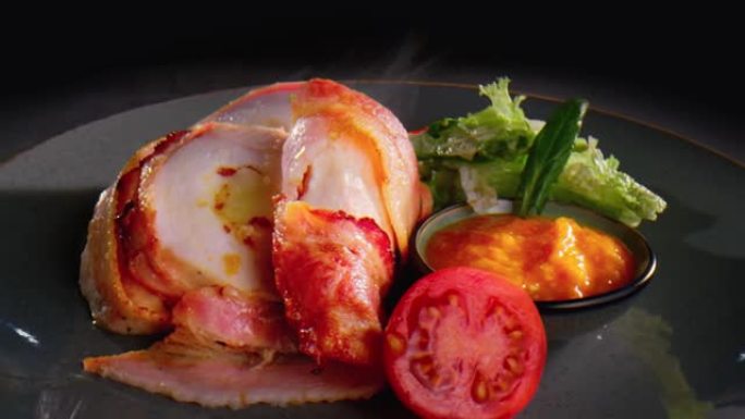 将热而油腻的火腿切片放在带有萨拉特，番茄和酱汁碗的盘子上