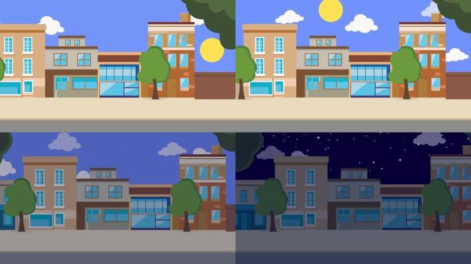 昼夜延时动画，城市建筑和交通中的城市平面彩色矢量插图。完全可编辑的2D简单卡通人物，背景为城市建筑。