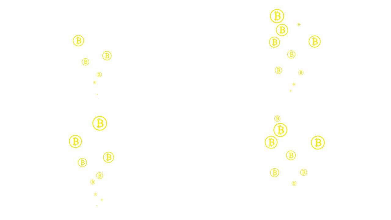 动画黄色比特币从下到上飞来飞去。飞行硬币。商业概念，加密货币，金融。矢量插图孤立在白色背景上。