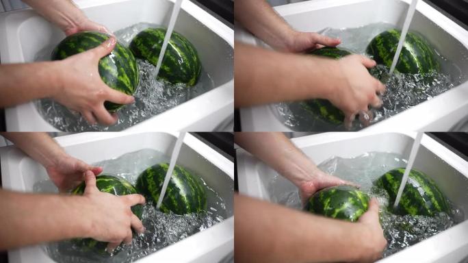 人用自来水在白色水槽中清洗两个成熟的西瓜，购买后去除水果表面化学杂质的过程，健康饮食和卫生理念