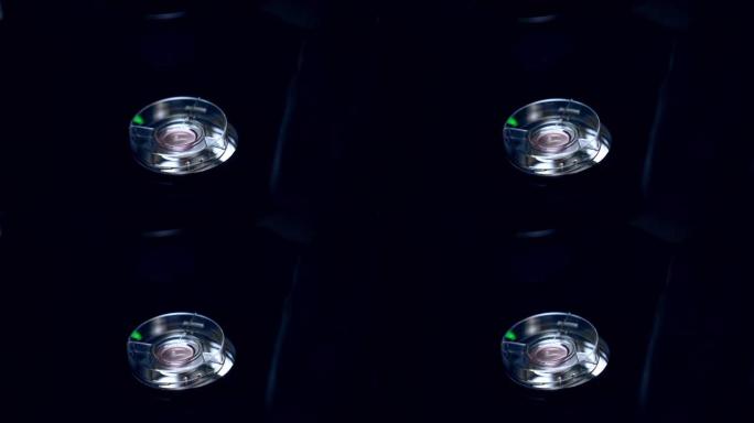 成熟卵子在实验室条件下受精的过程。医生在显微镜下用长针在杯子里工作。黑暗的背景。