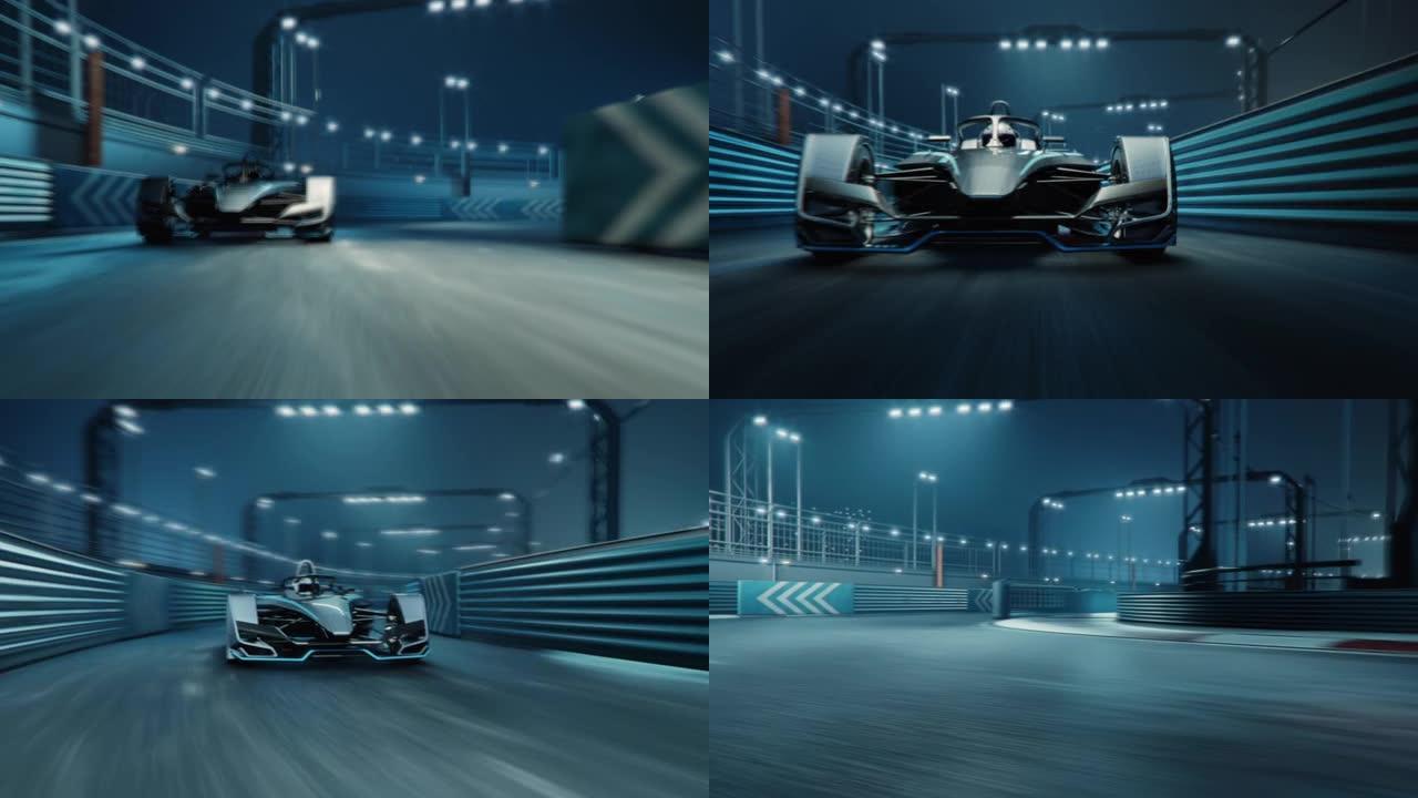 快速加速高性能电动赛车的3D动画在夜间行驶。