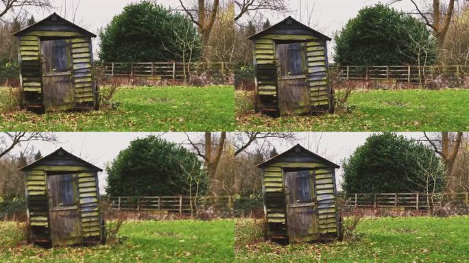 英国英格兰废弃的木棚和农田，美丽的英国乡村自然