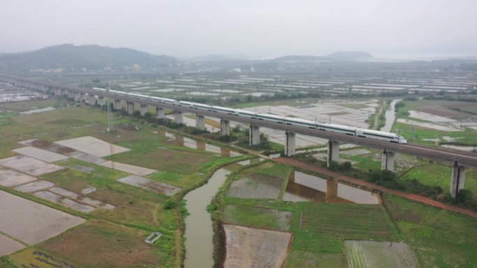 春天稻田高铁动车飞驰