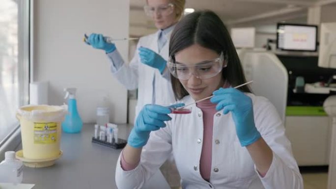 实验室里年轻科学家手中的培养皿近显微镜。微生物实验室的女性研究人员对细菌培养板的检查