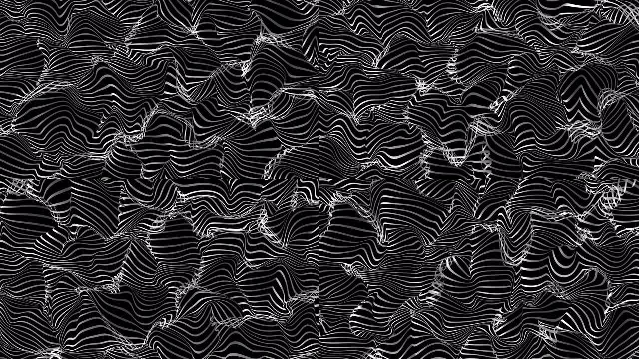 白色波浪线的抽象背景。黑色表面背景上流动的白色光滑波浪线图案。