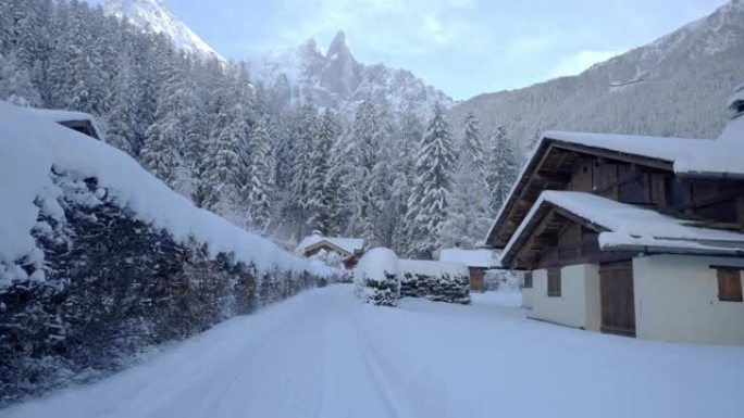 通往山区房屋和森林的雪道景观