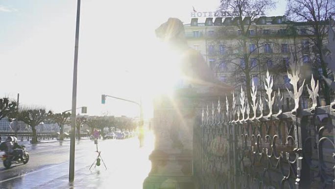 日内瓦的阳光狮子纪念碑，街道交通，瑞士春天
