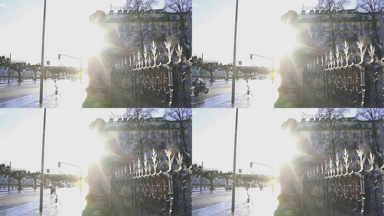 日内瓦的阳光狮子纪念碑，街道交通，瑞士春天