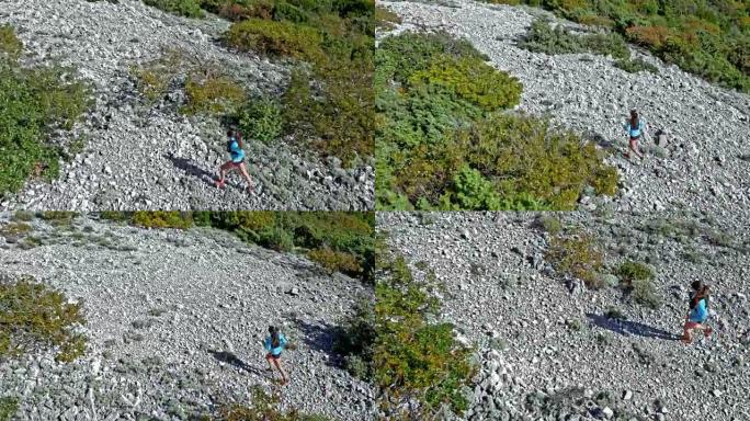 空中女亚军在阳光下奔跑在落基山上