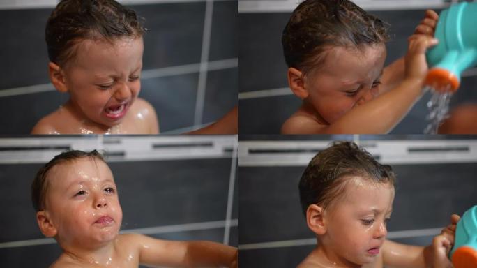 给一个哭泣的小男孩洗澡。愤怒的小男孩卫生习惯因洗发水而受挫