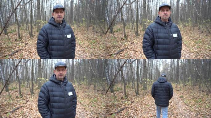 50岁的男人在秋天的森林中行走，文字说