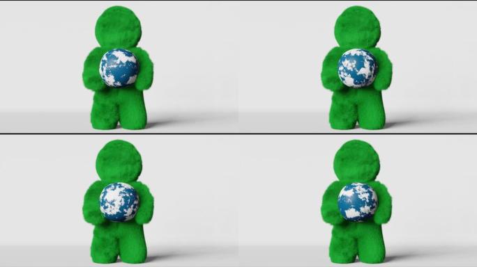 地球日4月22日可爱绿草雪人星球3d动画循环白色背景4k生态环境生态系统节约有意识消费。可持续性气候