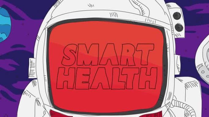 宇航员在太空中戴着头盔上的智能健康文字