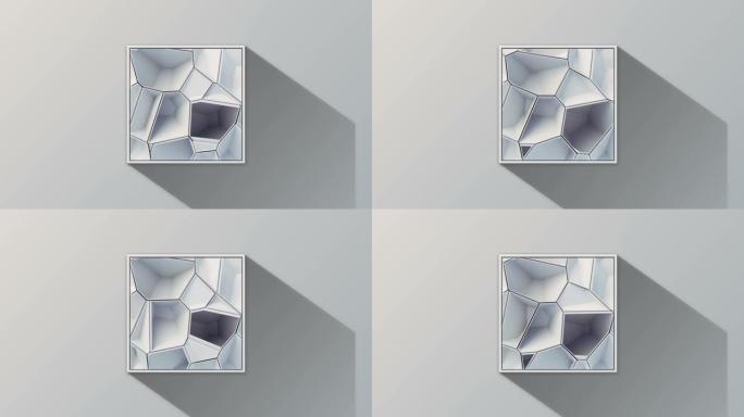 白色背景上有无限阴影的方形盒子中的三维幻想裂缝图案，循环数字无缝循环动画。3d渲染高清