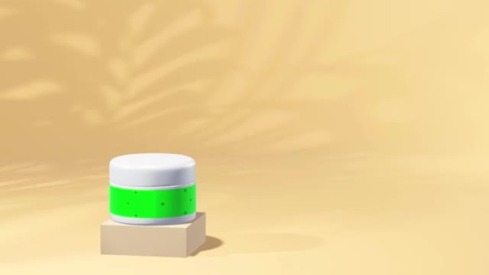 3d动画广告罐，用于明亮背景上的化妆品，标签上有跟踪标记