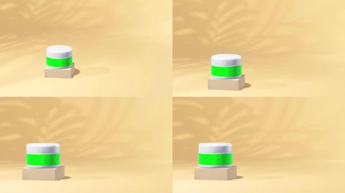 3d动画广告罐，用于明亮背景上的化妆品，标签上有跟踪标记