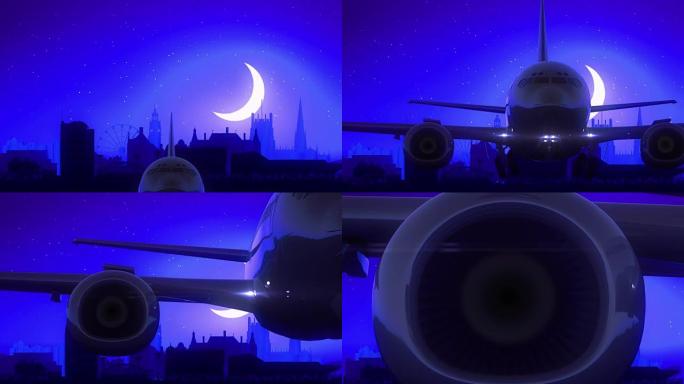 谢菲尔德英格兰飞机起飞月亮之夜蓝色天际线旅行