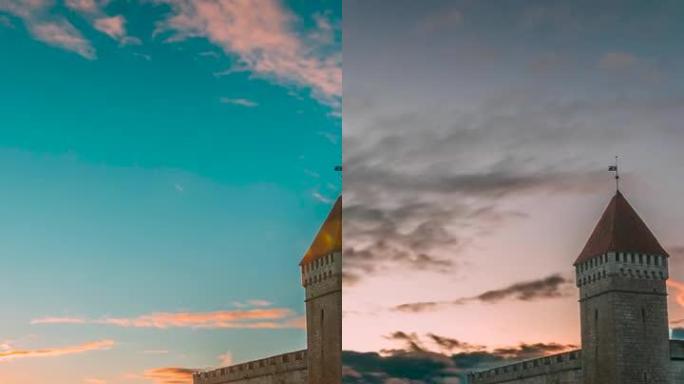 垂直镜头Kuressaare，萨雷马岛，爱沙尼亚。日落时间的延时，延时，日落时间的圣公会城堡。传统中