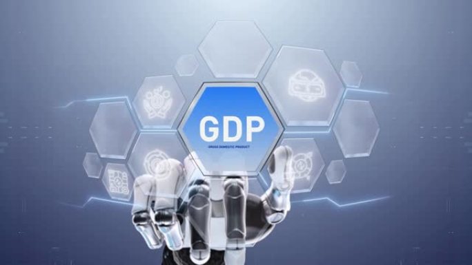 GDP国内生产总值机器人手触摸，触摸未来，界面技术，用户体验的未来，旅程和技术概念，数字屏幕界面