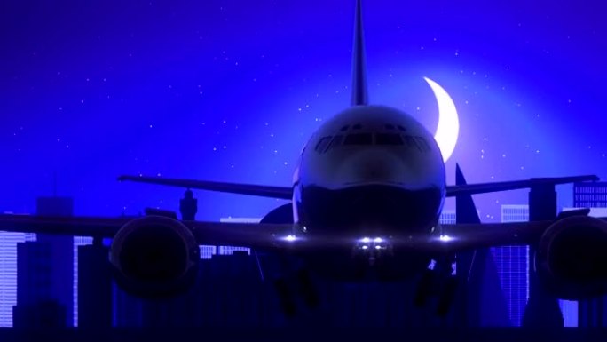 麦纳麦市巴林2架飞机起飞月亮之夜蓝色天际线旅行