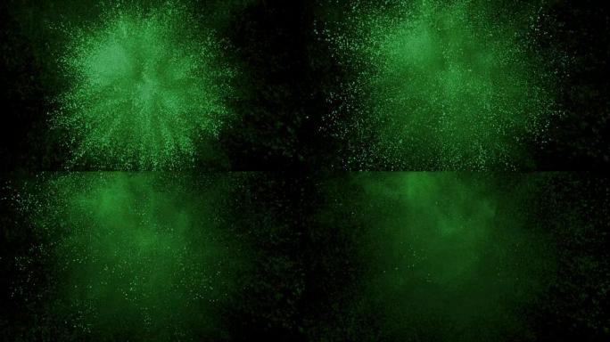 绿色粉末以超慢动作在黑色背景上爆炸