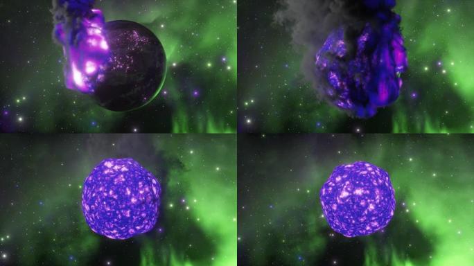 紫色的霓虹灯火摧毁了地球，留下了一大团熔岩。空间。绿色发光。抽象概念