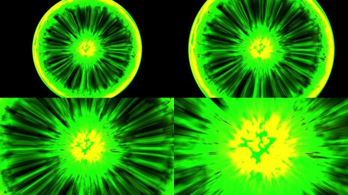 4k黄绿色切片形抽象伸缩互穿魔力等离子体。传送能量球门户网关。量子空间虫洞空间隧道的球体。明亮的灯光